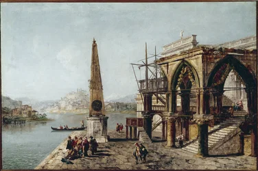 Imaginary View med Obelisk (olie på lærred