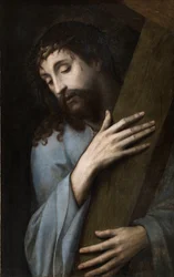 Jesus med korset - Maleri af Michiel Coxcie (Coxie, Coxien, De Coxien, De Coxcie, Coxius, Van Coxcie) (1499-1592), ca 1555 - Olie på træ, 81x50 - Museo del Prado, Madrid