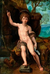 ""Repræsentation af Johannes Døberen"" (Sankt Johannes Døberen) Maleri af Michael Coxcie (Michiel Coxien) (De Coxien, De Coxcie, Coxius, Van Coxcie og Coxie) (1499-1592) 1500-tallet Olie på træ Dim 104x73 cm Privat Samling