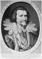 Portræt af George Villiers, 1. hertug af Buckingham (1592-1628) graveret af Willem Jacobsz. Delff (1580-1638) 1626 (gravering) (bw foto)