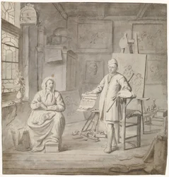 Maleren Michiel Comans og hans tredje kone Elisabeth van der Mersche i atelieret