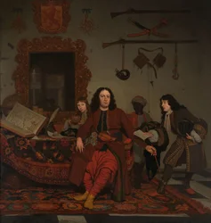 Thomas Hees og hans tjener Thomas og nevøerne Jan og Andries Hees Portræt af Thomas Hees (f. 1634/35), bosat og kommissær for generalstaterne til regeringerne i Algier, Tunis og Tripoli, med sine nevøer Jan (f. 1670/71) og Andries (f. 1).