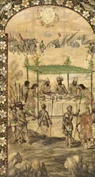Beordrer ødelæggelsen af skibene og mødes med ambassadørerne fra Montezuma (Moctezuma, Moteuczoma, Motecuhzoma) (1466-1520) i 1520 - Erobringen af Mexico af Hernan Cortes par Gonzalez, Miguel og Juan (aktiv Slutningen af det 17. århundrede). Olie på træ, s