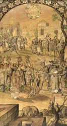 Erobringen af Mexico af Hernan Cortes par Gonzalez, Miguel og Juan (aktiv Slutningen af det 17. århundrede). Olie på træ, størrelse: 97x53
