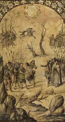 Erobringen af Mexico af Hernan Cortes par Gonzalez, Miguel og Juan (aktiv Slutningen af det 17. århundrede). Olie på træ, størrelse: 97x53