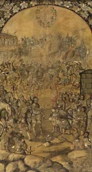 Erobringen af Mexico af Hernan Cortes par Gonzalez, Miguel og Juan (aktiv Slutningen af det 17. århundrede).