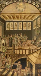 besøget af Hernando Cortes (1485-1547) til Montezuma (Moctezuma, Moteuczoma, Motecuhzoma) (1466-1520) i 1520 - Erobringen af Mexico af Hernan Cortes par Gonzalez, Miguel og Juan (aktiv Slutningen af det 17. århundrede). Olie på træ, størrelse: 97x53