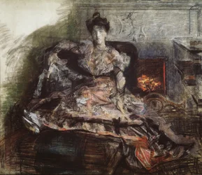 Efter koncerten. Portræt af N. Zabela-Vrubel ved pejsen i en kjole designet af Vrubel, 1905