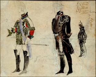 Mænds forberedende kostumer til operaen ""Spadefruen"" af Piotr Tchaikovsky (1840-1893) (Kostumedesign til operaen Spadens Dronning af P Tchaikovsky) - Værk af Mikhail Alexandrovich Vrubel (Vroubel) (1856-1910) . ), blyant, akvarel og tyggegummi