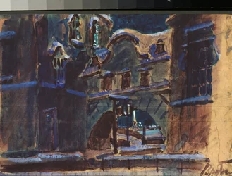 Forberedende indretning til ""Spadedronningen"" af Piotr Tchaikovsky (1840-1893) (Scenedesign til operaen Spadedronningen) - Værk af Mikhail Alexandrovich Vrubel (Vrubel) (1856-1910), blyant og gouache på papir , russisk scenografisk kunst - State Cen