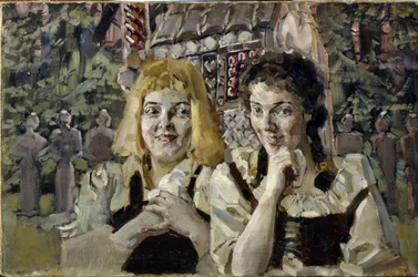 Hans og Grete (Hansel og Grete). Portrætter af de to børn fra fortællingen om brødrene Jacob (1785-1863) og Wilhelm (1786-1859) Grimm, med grådige øjne foran slikhuset. Maleri af Mikhail Alexandrovich Vrubel (Vrubel) (1856-1910), olie på