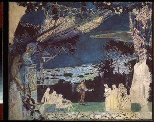 Italie, nuit a Napoli - Projekt til scenetæppet i det private russiske teater (Italien, Nat i Napoli, gardindesign til det private russiske teater) - Værk af Mikhail Alexandrovich Vrubel (Vroubel) (1856-1910), blyant og akvarel på papir