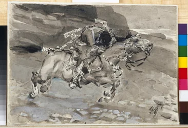 En rytter - Illustration fra digtet ""Dæmonen"" af Mikhail Lermontov (1814-1841) - Kunstværk af Mikhail Alexandrovich Vrubel (Vrubel) (1856-1910)