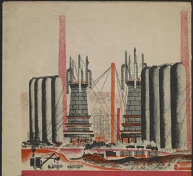 Illustration du livre pour enfants ""Combinat metallurgique Kuznets : un geant socialiste"" - Illustration til børnebogen ""Kuznets Metallurgical Combine: A Socialist Giant"", af Gurevich, Mikhail Lvovich (1904-1943). Farvelitografi