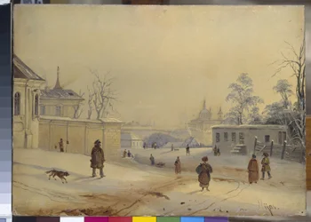 Vladimir Hill i Kiev (Vladimir Hill (Vladimirskaya Gorka) i Kiev). Landskab under sneen. Værk af Mikhail Makarovich Sazhin (1818-1887), olie på pap. 1800-tallet russisk kunst. Det russiske statsmuseum, Sankt Petersborg