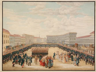 Velsignelsen af ​​banneret af Preobrajensky -regimentet i december 1796. (Indvielsen af ​​banneret for Preobrazhensky -regimentet den december 1796). Det mest prestigefyldte regiment af den russiske kejserlige vagt, skabt af Pierre I Le Grand (1672-1725) i