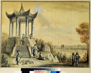 Grand Caprice-pavillonen i Catherine Park i Tsarkoye Selo. Værk af Mikhail Matveevich Ivanov (1758-1823), akvarel og kridt på papir, slutningen af ​​det 18. århundrede. Russisk kunst fra det 18. århundrede. Ins