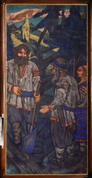 Storhertug Vladimir I Svyatoslavichs bryllup (kaldet den store eller røde sol, 958-1015) (storhertugen Vladimir I Svyatoslavichs bryllup) Vladimir taler med en skovl med et par bønder - Maleri af Mikhail Nikolayevich Yakovlev (1880) -1