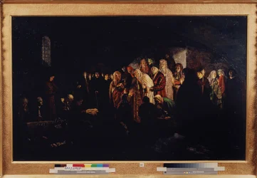 The Empress Giving Alms (Empress Giving Alms). Tsarinaen, omgivet af adelige og gejstlige, gør velgørenhed til en forsamling af trængende mennesker, der knæler foran hende. Maleri af Baron Mikhail Petrovich Klodt (1835-1914), olie på lærred
