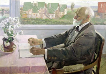 Ivan Petrovich Pavlov (1849-1936) i sit hus i Koltushy, nær Skt. Petersborg, 1935