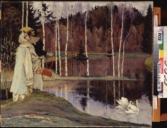 Dobbelt harmoni. Et par i kostume og teatralsk sminke ser på himlen nær en sø, hvor et par svaner svømmer fredeligt. Maleri af Mikhail Vasilyevich Nesterov (1862-1942), olie på lærred