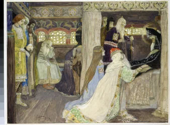 Storhertug Alexander Nevskys død (1220-1263). (Storhertug Alexander Nevskys død). Værk af Mikhail Vasilyevich Nesterov (1862-1942), akvarel og gouache på papir