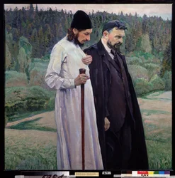Filosofferne. Sergei Boulgakov (1871-1944) og Pavel (Paul) Florensky (1882-1943). (Filosofferne. Sergei Bulgakov og Pavel Florensky). Maleri af Mikhail Vasilyevich Nesterov (1862-1942), olie på lærred
