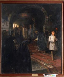 Bedømmelsen ved Tsar -domstolen. (Supplicants på tsaren korte). Under ægteskabet med Ivan III den Store (1462-1505) med Sophie (nee Zoe Paleologolog, omkring 1455-1503) i 1472, ville Grand Prince gøre Moskva til det tredje Rom. Mikh -maleri