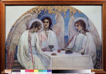 Abrahams gæstfrihed. Treenigheden i Det Gamle Testamente. Repræsentation af de tre engle, der viste sig for Abraham nær Chene de Mambre. (Abrahams gæstfrihed (Det Gamle Testamentes Treenighed). Maleri af Mikhail Vasilyevich Nesterov (1862-1942), olie på læ