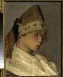 En pige iført en Kokochnik (A Girl With Kokoshnik). Traditionel høj hovedbeklædning af russiske kvinder, bundet bagpå med bånd, forsiden er dekoreret med perler og broderi. Maleri af Mikhail Vasilyevich Nesterov (1862-1942), olie på træ