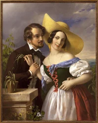 Kærlighedssjoken Scene med forførelse og flirt. Maleri af Miklos Barabas (1810-1898), olie på lærred