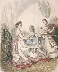 To kvinder og en lille pige iført den seneste indendørs mode, c1860