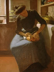 Kvinde polerer en kedel, ca. 1912 (olie på lærred)