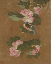 Ti billeder af fugle og blomster (farve på silke)