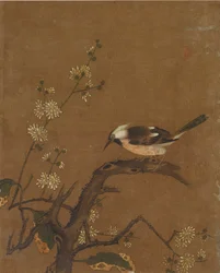 Ti billeder af fugle og blomster (farve på silke)