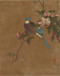 Ti billeder af fugle og blomster (farve på silke)