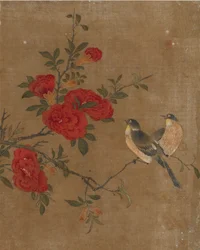 Ti billeder af fugle og blomster (farve på silke)