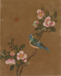 Ti billeder af fugle og blomster (farve på silke)