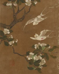 Ti billeder af fugle og blomster (farve på silke)