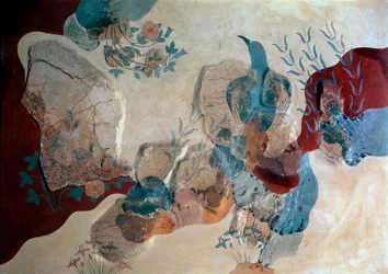 Minoisk kunst: «Blå fugl». Fragment af fresko fra Freskernes Hus. 1500 f.Kr. Heraklion, Arkæologisk Museum, Kreta - Minoisk kunst: blå fugl. Fragment af fresken med en fugl blandt klipper, vilde roser og iris fra Freskernes Hus