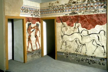 Minoisk kunst: «Kæmpende dyr og krigere» - Fresko fra Akrotiri på Santorini. 16. århundrede f.Kr. Athen, Det Nationale Arkæologiske Museum