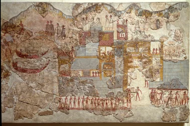 Minoisk kunst: »Både«. Fresko fra Akrotiri på Santorini. 16. århundrede f.Kr. Athen, Det Nationale Arkæologiske Museum.
