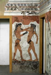 Minoisk kunst: "" kamp mellem to boksere""" Fresco fra Akrotiri til Santorini. 16. århundrede f.Kr. Athen, det nationale arkæologiske museum