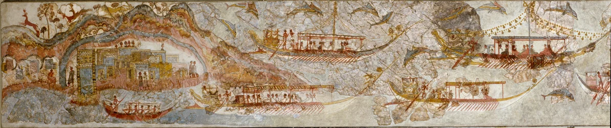 Minoisk kunst: "" flådeekspedition"" Fresco fra Akrotiri til Santorini. 16. århundrede f.Kr. Athen, det nationale arkæologiske museum