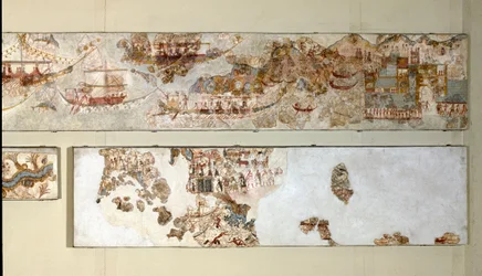 Minoisk kunst: »Flådeekspedition«. Fresko fra Akrotiri på Santorini. 16. århundrede f.Kr. Det Nationale Arkæologiske Museum, Athen