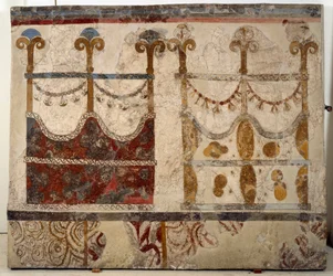 Minoisk civilisation: repræsentation af to portaler (Ikria). Fresko fra det lustrale bassin i Xeste 3-bygningen i Akrotiri (Thera), Santorini