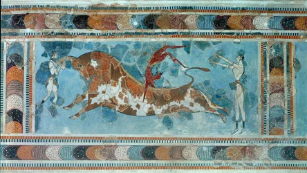 Minoisk civilisation: "" scene for taurokathapsia (eller taurocatapsia), kretensisk sport, der består af at hoppe på ryggen af en tyr""" Fresko fra kong Minos a Cnossos palads (Knossos). 1700-1400 f.Kr. Heraklion, Arkæologisk Museum
