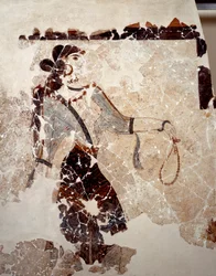 Minoisk civilisation: kvinder i tilbedelse. Detalje. Fresko fra lustralbassinet i Xeste 3 i Akrotiri (Thera), Santorini. Mål 143 x 381 cm, 16. århundrede f.Kr. Santorini, Samling af fresker fra Akrotiri på Thera