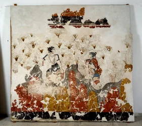 Minoisk civilisation: kvinder plukker safran. Fresko fra det lustrale bassin i Xeste 3 i Akrotiri (Thera), Santorini. Svag. 244x266 cm 16. århundrede f.Kr. Santorini, Samling af fresker af Akrotiri a Thera