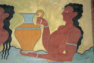 Nærbillede af et vægmaleri på væggen af et palads, Palace of Minos, Knossos, Kreta, Grækenland
